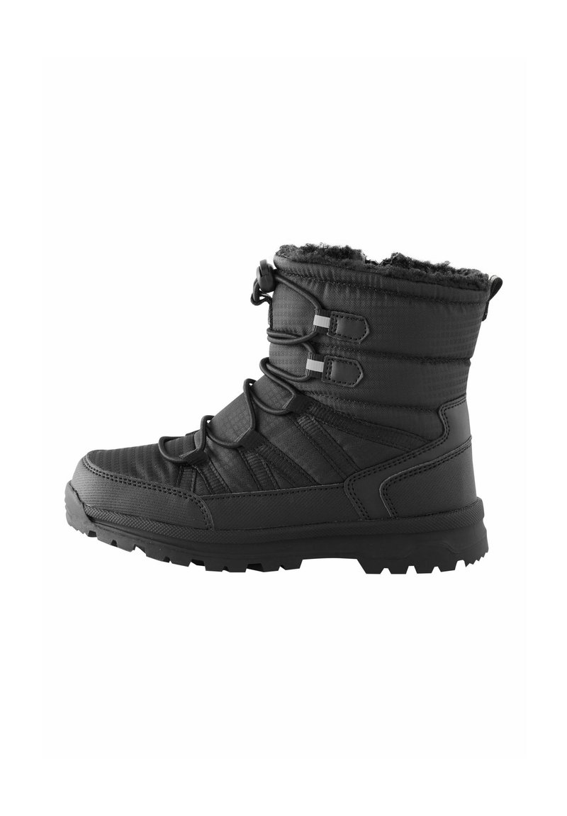 Bottines d'hiver noires avec une tige rembourrée, doublure en fausse fourrure, semelle en caoutchouc, lacets réglables et tissu texturé pour l'adhérence et l'isolation.