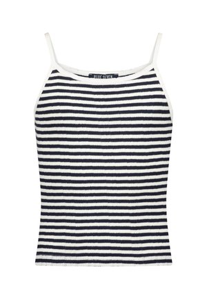 Top senza maniche a righe con strisce orizzontali blu navy e bianche, texture a coste e spalline sottili. Etichette cucite al collo.