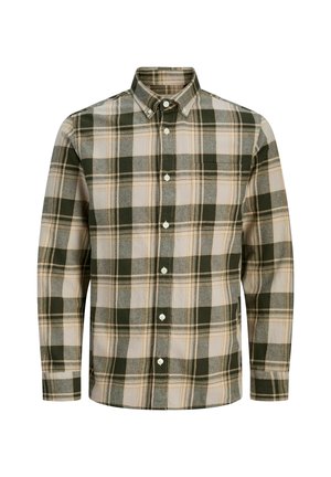 Button-up Hemd in grün, beige und grau im Karomuster. Mit Kragen und langen Ärmeln. Hergestellt aus weichem, strukturiertem Stoff.