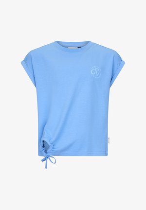 Lichtblauw T-shirt met korte mouwen en opgerolde manchetten, een klein rond logo op de borst en een verstelbare trekkoordsluiting aan de linker onderzoom.