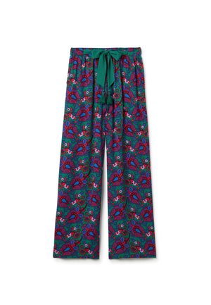 Wide-leg pants in vibrant green fabric with a multicolored floral paisley pattern. Features a drawstring waistband with tassels.