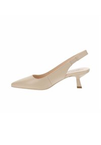 Décolleté beige in pelle con punta affusolata, tacco quadrato di altezza media e trama liscia. Design pulito con accenti minimali.