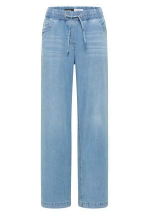 Pantalon en jean bleu clair à jambes larges avec ceinture élastique et cordon, doté de poches avant et de détails subtils délavés.