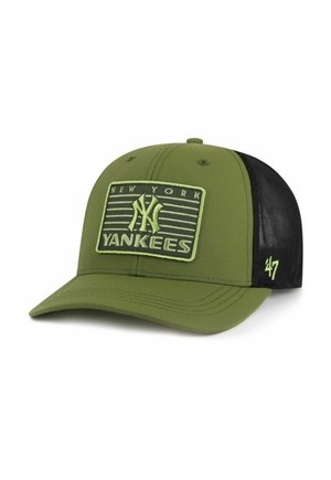 Olive green baseball cap with a black mesh back, featuring a raised New York Yankees logo and an embroidered '47' on the side.