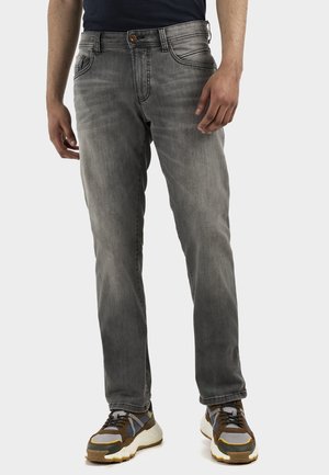 Light grey denim jeans with a straight fit, featuring a button closure, five-pocket design, and subtle stitching details.