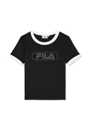 Camiseta negra de manga corta con ribete blanco en el cuello y las mangas, con el logotipo negro de FILA centrado en el pecho.