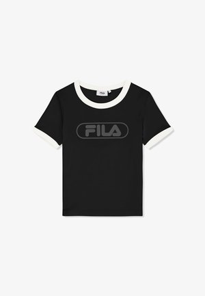 Musta lyhythihainen T-paita, jossa valkoinen reunus kauluksessa ja hihoissa, keskellä rintaa musta FILA-logo.