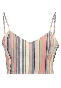 Randig kort topp med tunna remmar, prydd med vertikala linjer i rosa, blått, krämfärgat och grönt. Gjord av lättviktig tyg med en avslappnad passform.
