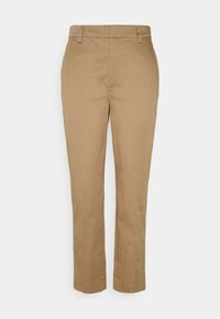 Pantaloni khaki realizzati in tessuto misto cotone; presentano un design a gamba dritta, tasche frontali e passanti per cintura; texture liscia.