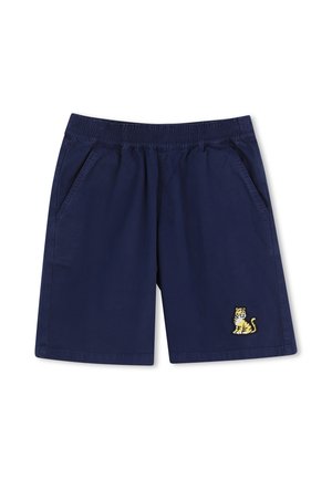 Marineblauwe korte broek met een elastische tailleband, twee zijzakken en een geborduurd geel tijgerontwerp op het linkerbeen.