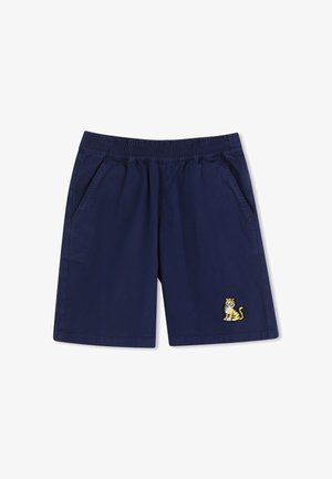 Shorts bleu marine avec taille élastique, deux poches latérales et un motif brodé d'un tigre jaune sur la jambe gauche.