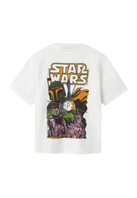 Vit bomull t-shirt med en grafisk tryck med Star Wars-tema, som avbildar figurer i livliga färger och tydliga konturer.