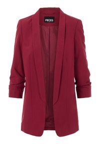 Blazer bordeaux coupe slim, manches retroussées, revers crantés et fermeture à un bouton. Tissu lisse avec une légère brillance.