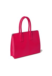 Bright pink tote bag with smooth texture, structured design, dual top handles, and a zip closure on top. Rounded base, minimal hardware.