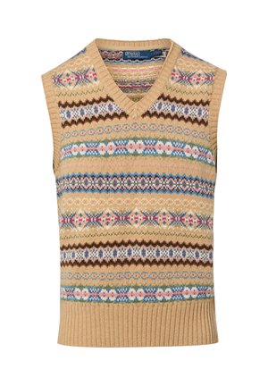 Beige gebreide mouwloze trui zonder mouwen met meerkleurige Fair Isle-patronen en een V-halskraag, Polo Ralph Lauren-label aan de binnenkant.