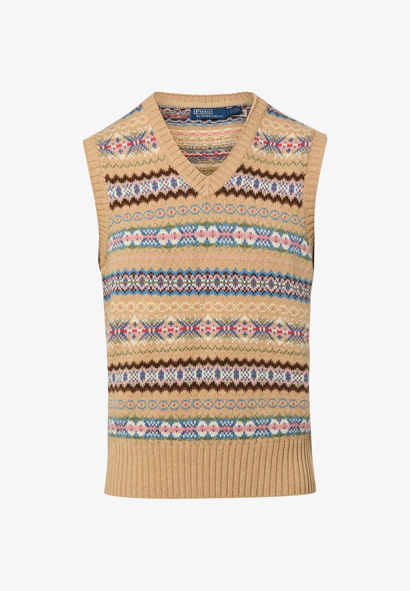Gilet en tricot beige sans manches avec des motifs Fair Isle multicolores et un col en V, étiquette Polo Ralph Lauren à l'intérieur.