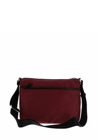 Sac bandoulière bourgogne en tissu lisse, avec une poche zippée à l'avant, des accents noirs et une bandoulière ajustable pour un transport facile.