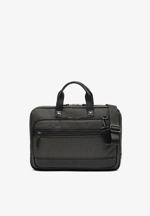 Schwarze und dunkelgraue Laptoptasche mit zwei Griffen, einer vorderen Reißverschlusstasche und einem verstellbaren Schultergurt, der an der Seite befestigt ist.