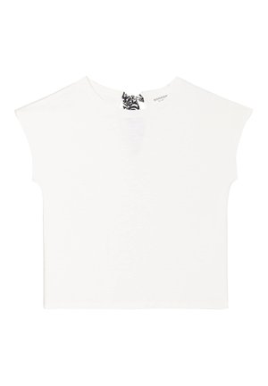 Witte, korte mouwen T-shirt van zachte stof, met een ronde hals en een opvallende zwart-wit gestreepte label aan de achterkant.