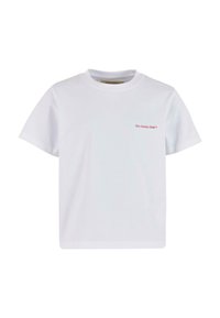 Hvit bomull T-skjorte med kortermet og rund hals. Har liten rød brodert tekst "Slow Sunday Club" på venstre bryst.