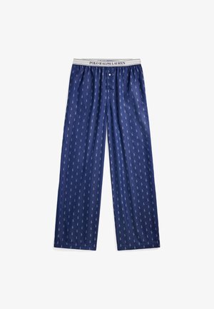 Mörkblå pyjamasbyxor med ett upprepande litet logomönster, tillverkade av mjukt tyg med resårmidja och knappstängning.