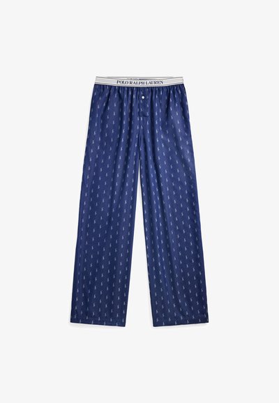Marineblauwe pyjamabroek met een herhalend klein logo-patroon, gemaakt van gladde stof met een elastische tailleband en knoopsluiting.