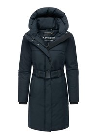 Navy blue padded coat with a high collar, detachable hood, belted waist, and two side pockets. Features a zip and snap closure.