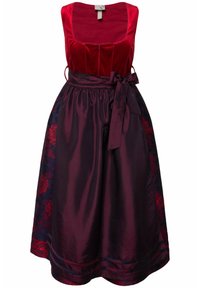 Ärmelloses rotes Samtoberteilkleid mit quadratischem Ausschnitt und dunkellila Satin-Schürzenrock, der seitlich mit einer Schleife gebunden ist.