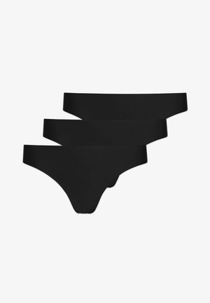 Black cotton thong underwear set of three, featuring a smooth finish, minimalist design, and seamless edges for comfort.
