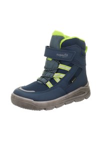 Blaue wasserdichte Winterstiefel mit grauer Gummisohle, Stoffobermaterial und leuchtend grünen Akzenten. Verfügt über einen verstellbaren Riemen und elastische Schnürsenkel für optimalen Sitz.