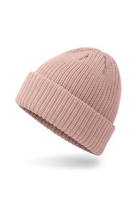 Gorro de punto en rosa suave, con textura acanalada, puño doblado y parte superior estructurada, diseñado para brindar calidez y comodidad.