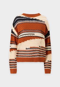 Neulottu pyöreäkauluksinen villapaita, jossa on oransseja, kermaisia ja mustia raitoja. Teksturoidulla kuviolla avoimine kudelmilla ja resorikahvoilla.