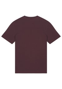 Bordeaux katoenen T-shirt met korte mouwen, ronde halslijn en een zachte textuur. Geen patronen of graphics op de achterkant. Eenvoudig en stevig ontwerp.