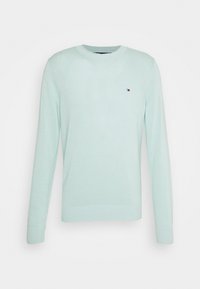 Maglione verde menta chiaro con maniche lunghe, polsini a costine e scollatura tonda. Presenta un piccolo logo sulla zona sinistra del petto. Realizzato in tessuto morbido.