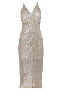 Robe enveloppante sans manches en sequins argentés avec décolleté en V et longueur midi, dotée de fines bretelles et d'une fente avant.