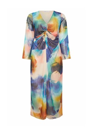 Robe à manches longues avec col en V, détail torsadé à l'avant et motif aquarelle multicolore en bleu, orange, vert et tons pêche.