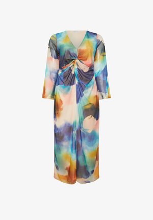 Vestido de manga larga con escote en V, detalle de frente retorcido y patrón de acuarela multicolor en tonos azul, naranja, verde y melocotón.