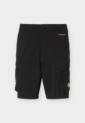 Zwarte outdoorshorts met ritssluitingen aan de zijkanten, een knoopsluiting en logo's van "FLASHDRY-XD" en "The North Face".