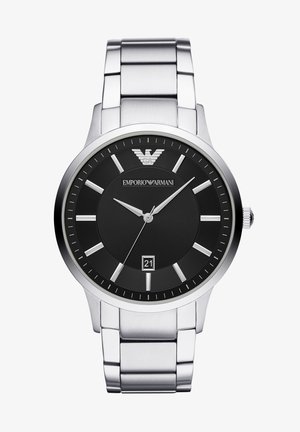 Silberne Edelstahl-Uhr mit schwarzem Ziffernblatt, silbernen Stundenmarkierungen, Datumsanzeige und Logo. Mit einem gebürsteten Metallarmband.