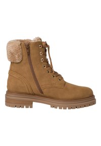 Botte chelsea en daim tan avec col en fausse fourrure, fermeture à lacets à l'avant et zip sur le côté. Dispose d'une semelle robuste et de coutures renforcées.