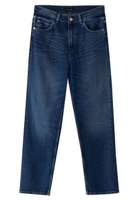 Jeans in denim blu scuro con taglio dritto, design a cinque tasche e dettagli in metallo. Tessuto liscio con leggeri sbiadimenti.