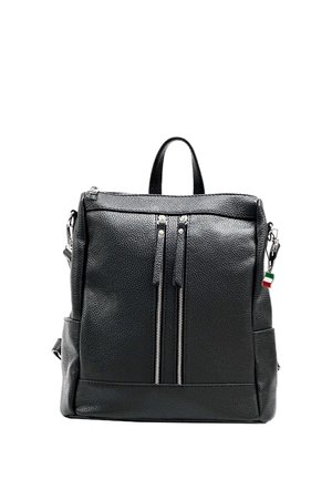 Black textured leather backpack with two vertical front zippers and a small tricolor flag charm on the side zipper pull.