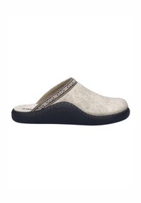 Chausson gris clair à enfiler avec semelle noire et bord décoratif marron et blanc à motif autour de l'ouverture.