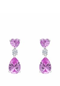 Drop earrings featuring heart-shaped and pear-shaped purple stones, accented with round clear stones, set in silver-tone metal.