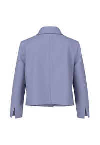 Light purple jacket with a minimalist design, featuring a collar, long sleeves, and side slits. Made from a smooth fabric with a clean finish.