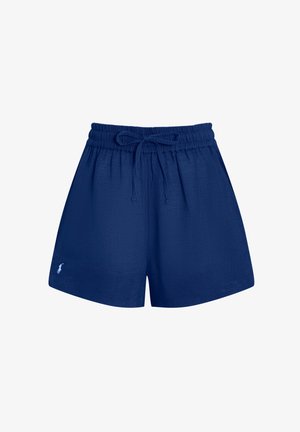 Shorts à taille élastique bleu marine avec cordon de serrage et petit logo blanc brodé sur la jambe gauche.