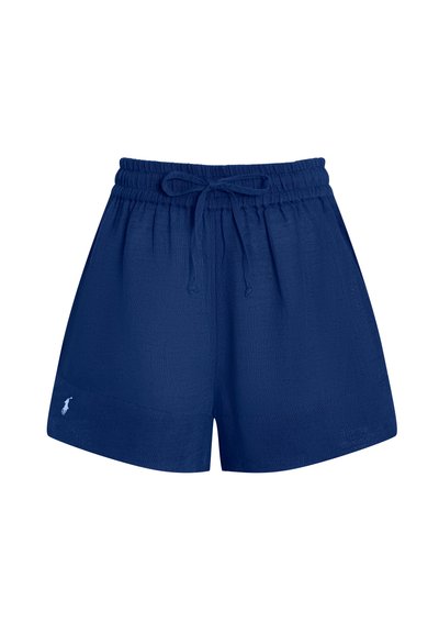 Σορτς με ελαστική μέση σε ναυτικό μπλε χρώμα, με κορδόνι και μικρό λευκό κεντητό λογότυπο στο αριστερό πόδι.