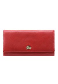 Portafoglio rosso in pelle con una texture liscia, forma rettangolare e un accento logo in tono oro sulla parte anteriore. Presenta una chiusura a patta.