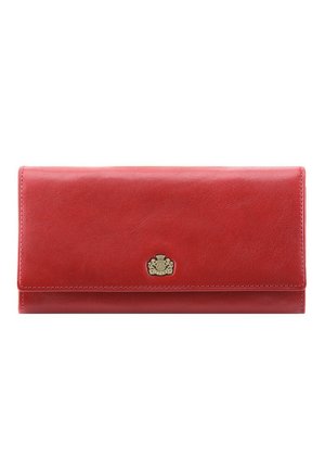 Red leather wallet with a smooth texture, rectangular shape, and a gold-tone logo accent on the front. Features a flap closure.