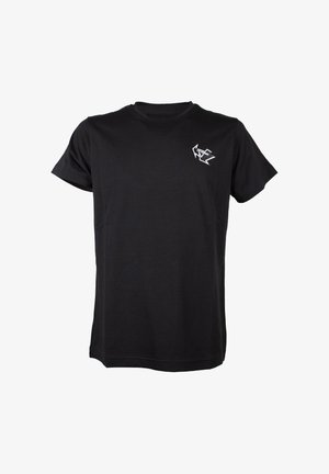 Black cotton t-shirt featuring short sleeves and a crew neckline, with a white graphic on the left chest area. Smooth texture, casual fit.